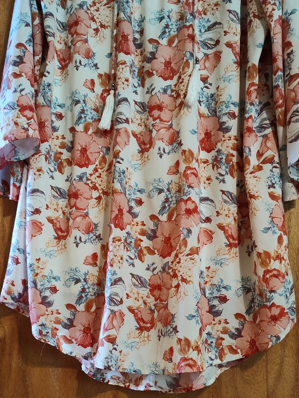 Haute Hippie Tribe Dress Floral Rust Blue Cream Tassels Boho Kimono Sleeves XL - Picture 7 of 16